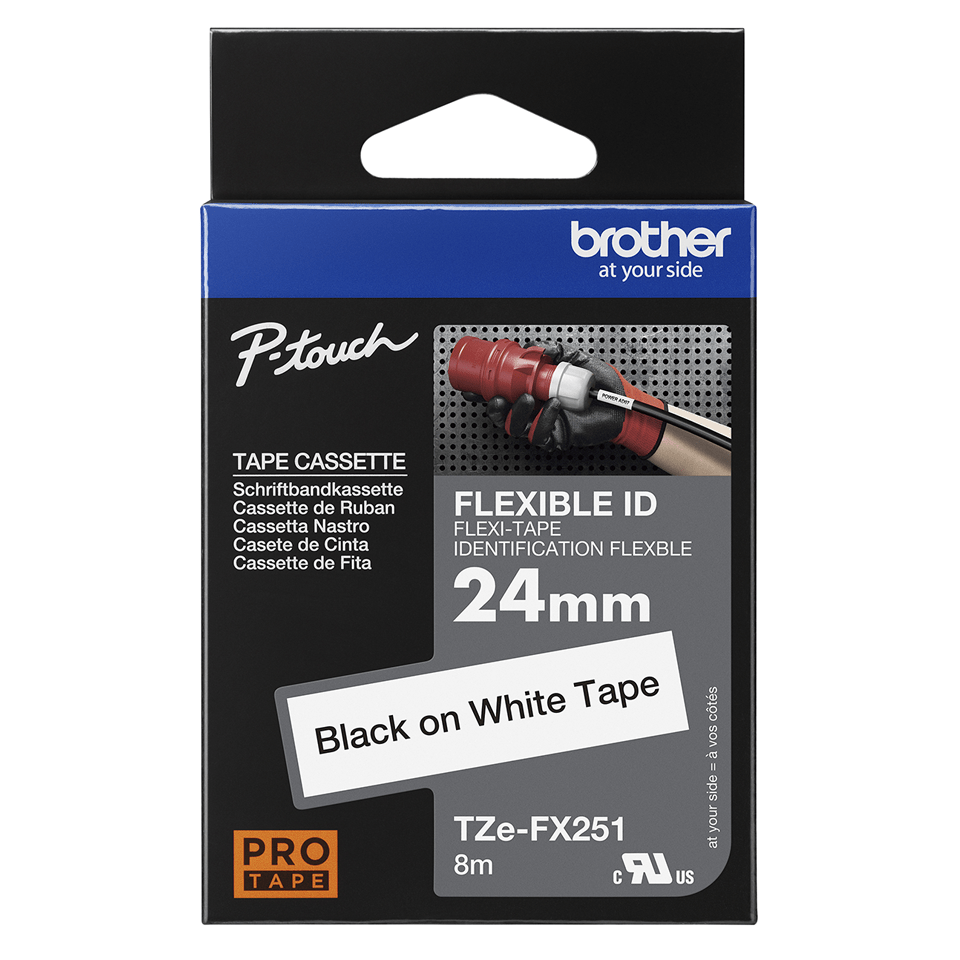 Origināla Brother TZe-FX251 uzlīmju lentes kasete – melna drukas balta, 24mm plata 3
